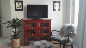 a dog sitting in a chair in front of a television at Nordic Home, with private sauna, free parking in Rovaniemi