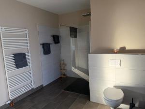 a bathroom with a shower and a toilet and a sink at Helle, große Unterkunft in ländlicher Umgebung in Sterup +7 photos