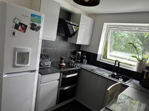 a small kitchen with a white refrigerator and a window at Charming Flat in North London in Edmonton
