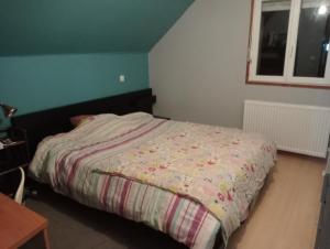 a small bedroom with a bed with a comforter at chambre d'hôtes au cœur de la nature in Saint-Roch