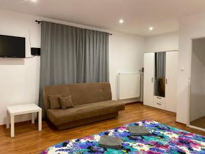 a living room with a couch and a rug at Vanessa apartments in Bešeňová