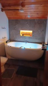 a bath tub in a bathroom with a toilet at Chalé Recanto do Jacarandá in Camanducaia +25 photos