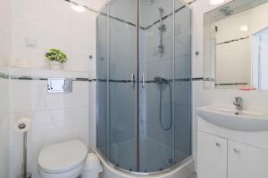 a bathroom with a shower and a toilet and a sink at Promenada in Koronowo