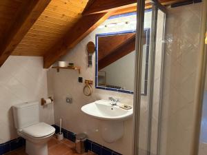 a bathroom with a sink and a toilet and a mirror at La Morada de Vadinia in Vegacerneja +37 photos