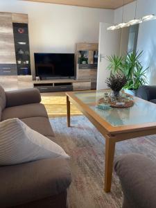 a living room with a coffee table and a tv at Apartment Salvete in Sulzbach-Rosenberg
