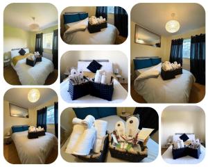 a collage of pictures of a hotel room with beds at Misk Homes #2 Near Heathrow Airport, shops & Brunel University - Free Parking in Uxbridge