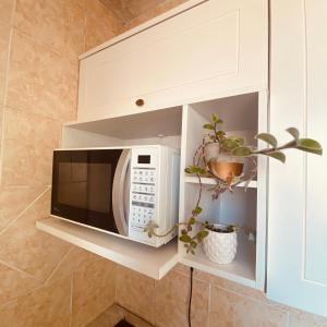 um micro-ondas num armário com plantas nele em Studio central com Garagem em Pelotas