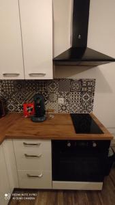 a kitchen with a wooden counter top with a stove at L'envol in Athis-Mons +11 photos