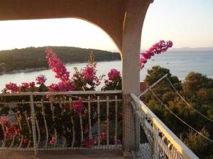 un balcón con flores rosas y vistas al agua en Apartment Nansi, en Nečujam