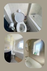 two pictures of a bathroom with a toilet and a bath tub at Misk Homes #2 Near Heathrow Airport, shops & Brunel University - Free Parking in Uxbridge +16 photos
