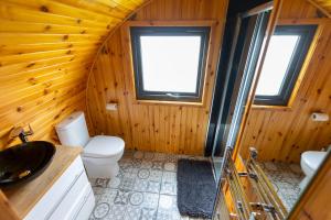 a bathroom with a toilet and a sink and a window at Fulshaw Mill Holidays in Stewarton +54 photos