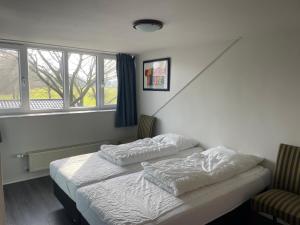 a bedroom with two beds and a window at 5 pers vakantiehuis met Hottub nabij Vorden in Hengelo