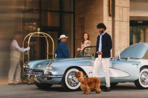 a man walking a dog next to a blue car at Regent Santa Monica Beach by IHG in Los Angeles +250 photos