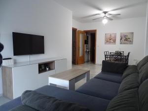 salon z niebieską kanapą i telewizorem w obiekcie Apartamento Oropendola 9 w mieście El Puerto de Santa María