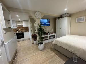 a bedroom with a bed and a clock on the wall at Appartement F1 duplex rez de chaussée in Illkirch-Graffenstaden +11 photos