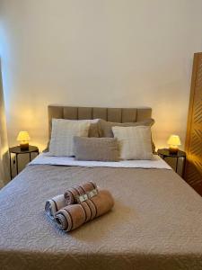 a bed with a towel laying on top of it at Estúdio no centro de Friburgo in Nova Friburgo +72 photos