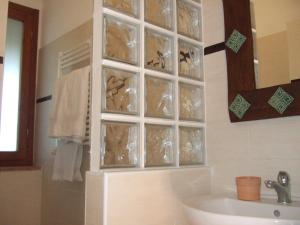 un bagno con parete in vetro sopra un lavandino di Agriturismo QuartoPodere a Magliano in Toscana Altre 34 foto