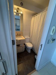 Un baño con inodoro, lavabo y espejo. en RentApartNuevadeLyon12, en Santiago