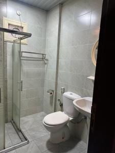 a bathroom with a toilet and a sink at Pyramiza Hotel Al Mangaf فندق بيراميـــزا المنقف in Kuwait