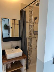 Un baño con lavabo y ducha en Appartement 4 personnes au calme, en Hyères