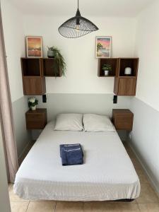 Un dormitorio con una cama con una almohada encima. en Appartement 4 personnes au calme, en Hyères