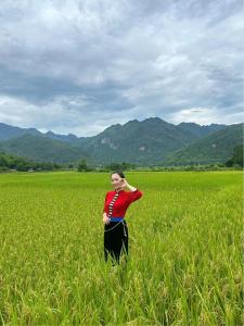 a man standing in a field of tall grass at Mai Chau Madame Hue Homestay in Mai Chau