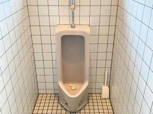 a bathroom stall with a urinal in a tiled wall at Guest House Aman in Amami
