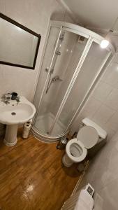 a bathroom with a shower and a toilet and a sink at Entire 2 Bedroom Apartment City Centre & Stadium in Cardiff