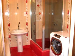 a bathroom with a shower and a sink and a washing machine at Guest House Irina Tbilisi in Tbilisi City