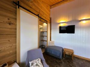 a room with a couch and a tv on a wall at North Lakeside B&B Plateliai in Plateliai