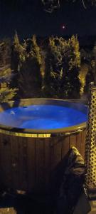 斯维诺乌伊希切Apartamencik Rafi 20m2的大型蓝色浴缸,后面有树木