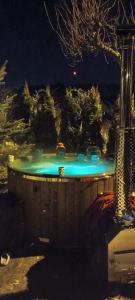 a hot tub with blue lights in a backyard at night at Apartamencik Rafi 20m2 in Świnoujście