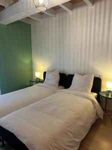 two beds sitting next to each other in a bedroom at Gite au calme à 15 min d'Albi, 7 personnes in Taïx +11 photos