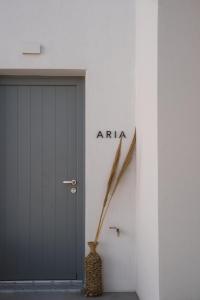 a hallway with a door and a vase next to it at Poema Antiparos in Antiparos