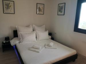 a bedroom with a white bed with two towels on it at Lake House Anemona in Buhalniţa