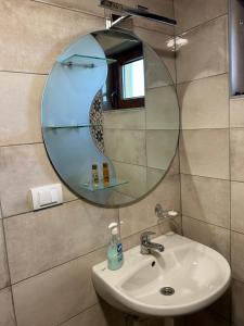 a bathroom with a sink and a mirror at Pansion Sašin Salaš 40m2 in Rumenka +51 photos