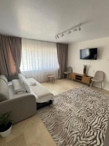 ein Wohnzimmer mit einem Bett und einem großen Teppich in der Unterkunft Central Premium Apartment in Iaşi