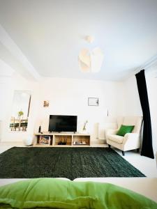 a living room with a television and a green rug at Airport Gardens Loft in Otopeni +31 photos