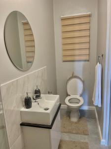Un baño con lavabo, inodoro y espejo. en The Urban Edge, en Ciudad del Cabo