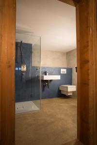 Un baño con ducha de cristal y lavabo. en Alpenlodge Tgèsa Surrein Giassa10, en Sedrun