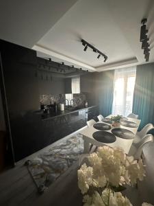 Una habitación con una mesa y sillas y una cocina. en Residential 1, en Baia Mare