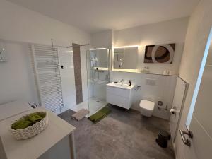 a bathroom with a shower and a sink and a toilet at Charmantes Quartier im Herzen der Altstadt in Mönchengladbach +38 photos