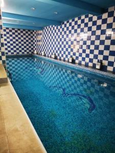 a large swimming pool in a bathroom with checkered tiles at Casa Simescu II in Caransebeş