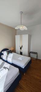 Un dormitorio con dos camas y una lámpara de araña. en Appartement T3 centre ville Parking, en Dinan