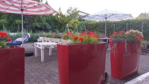 a garden with red containers of flowers and an umbrella at Museum Lust auf Zuhause Ferien in der Provinz in Herford
