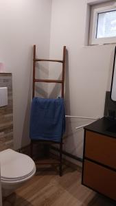 bagno con servizi igienici e sedia con asciugamano blu di Le petit havre a Igornay