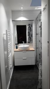 a white bathroom with a sink and a shower at Studio Trocadero 2p coté jardin in Rosny-sous-Bois +12 photos