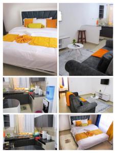 a collage of four pictures of a bedroom at Garden court in Kitengela 