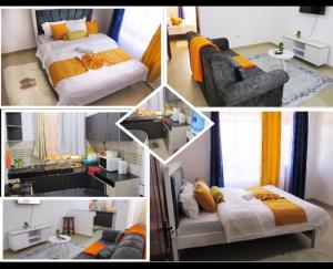 a collage of four pictures of a bedroom at Garden court in Kitengela 