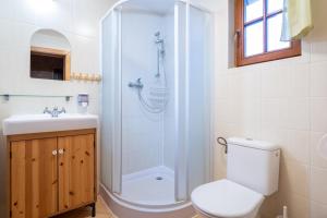 a bathroom with a shower and a toilet and a sink at Tatralake Log Cabin - Drevenica pri Mare in Liptovský Mikuláš +46 photos